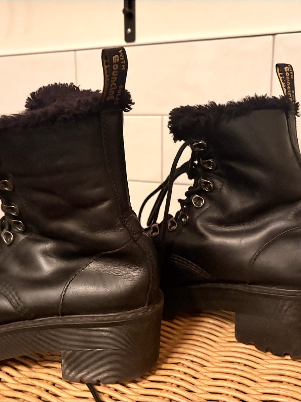 Dr. Martens Black Lace-Up Shearling-Trim Platform Boots